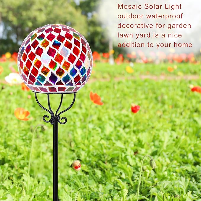VCUTEKA Decorative Solar Garden Lights, 6" Mosaic Globe Outdoor Stake | Mosaic Glass Design with Solar Light, Weather Resistant, Auto On/Off and Metal Stake Design For Lawn and Patio, Red