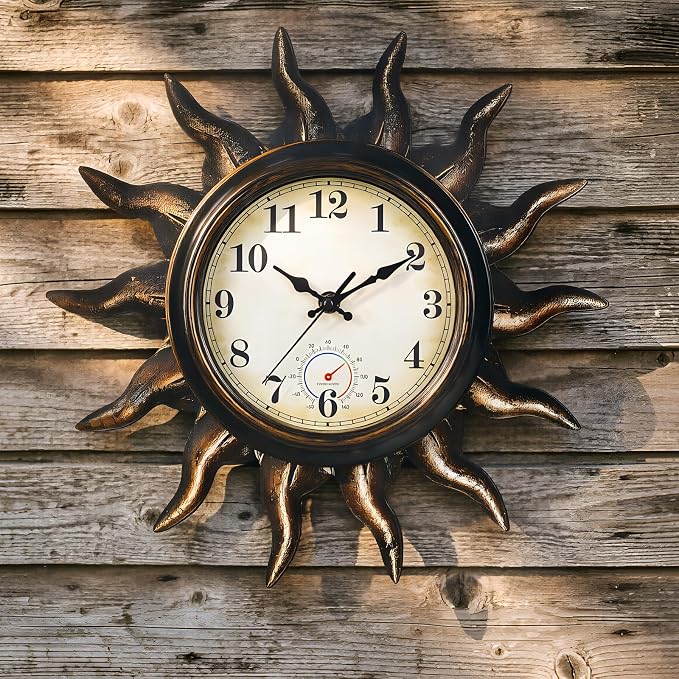Sun Outdoor Clock with Thermometer - Silent Non-Ticking Retro Decorative Wall Clock, Waterproof PVC for Patio, Garden, Pool, Bathroom, Kitchen Decor - 13 Inch, Bronze