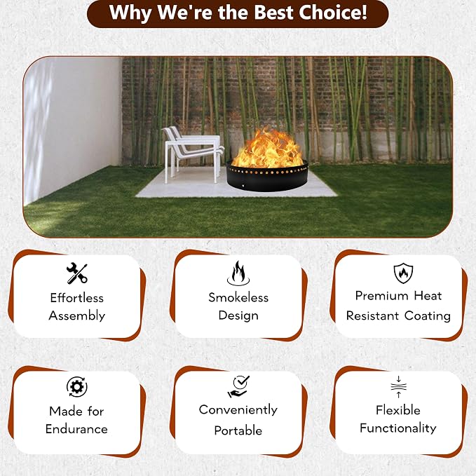 FEBTECH - 45" D Outdoor Fire Ring Liner - Steel Smokeless Firepit Insert | Heat Resistant Coated Fire Ring for DIY In-Ground or Above-Ground Setups, Bonfire Nights, Backyard Gatherings & Camping