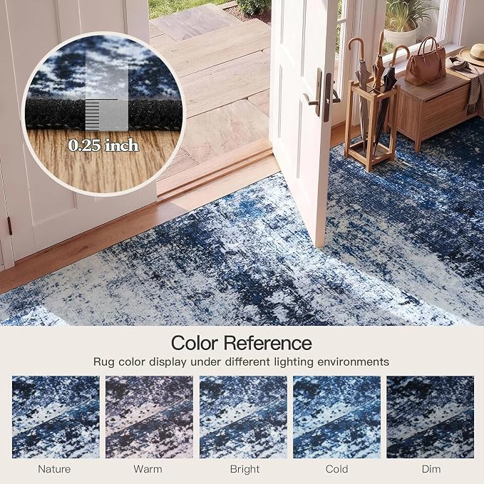 8x10 Area Rug for Living Room, Abstract Washable Large Rugs, Blue Gray | Soft Neutral Carpet for Bedroom, Dining Room, Home Office Nursery Indoor, Stain Resistant, Non-Slip, Low Pile Modern Rug