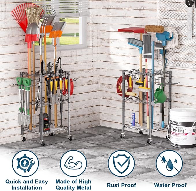 T1 Garden Tool Organizer（with Lockable Wheels） Heavy Duty Garage Tool Storage for Yard，Shed，Outdoor and Lawn，Freestanding Tool Organizers and Storage UP to 50 Tools，Grey with Anti-Tip Device