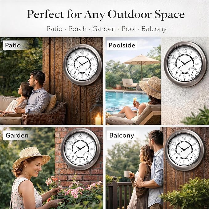 Pytha Sight Illuminated Large Metal Outdoor Clocks Waterproof 18 Inches With AI Auto Light Smart Sensor,Extra Big Indoor Outdoor Wall Clocks With Thermometer & Hygrometer for Patio, Pool, Garden,Porch