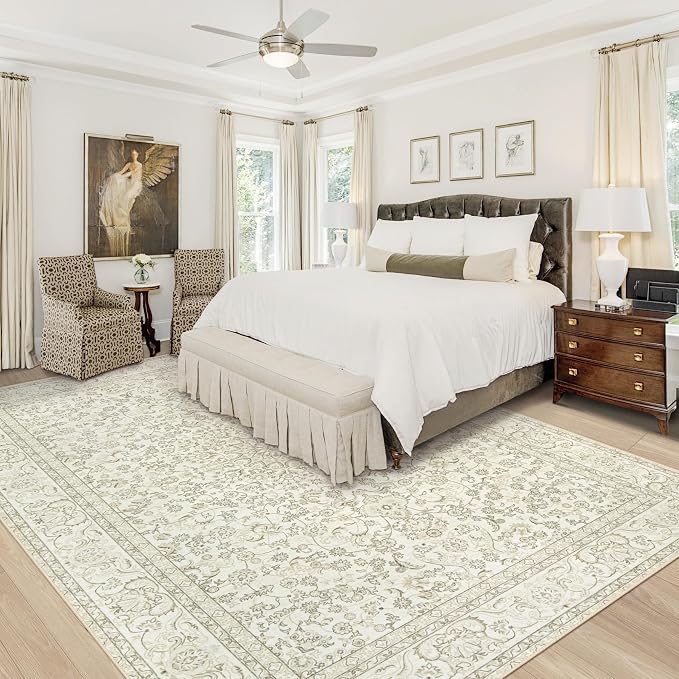 Area Rug 8x10 Washable Rug, Vintage Boho Medallion Rugs Non-Slip Soft Low Pile Large Distressed Rug Indoor Retro Carpet for Living Room Bedroom Dining Room Home Office (IvoryBeige, 8'x10')