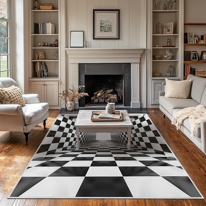 Boho Area Rug for Living Room Abstract 5x7 Entryway Rug Modern 3D Hole Trap Optical Visual Illusion Rugs Non Slip Low Pile Machine Washable Black White Floor Carpet for Indoor Bedroom Dining Room