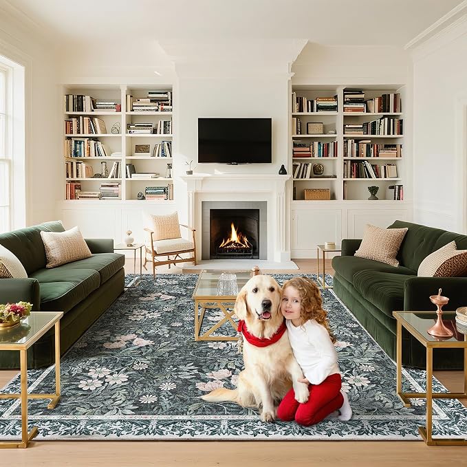Washable 9x12 Area Rug - Light Green Vintage Floral with Ornate Border, Soft Low Pile Carpet for Living Room, Dining Room Under Table, Bedroom Non-Slip, Stain Resistant & Durable