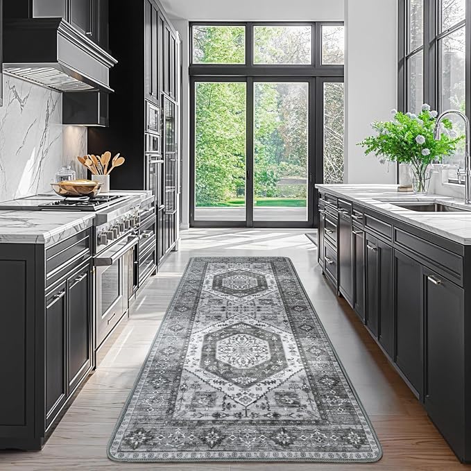 LBRO2M Machine Washable Rug Soft Pet Friendly Carpet 2X6 Dark Gray | Persian Runner Rug 2X6 for HallWay, Bedroom, Kitchen, Laundry Room, Non Slip Carpet, Foldable Stain Resistant Rugs