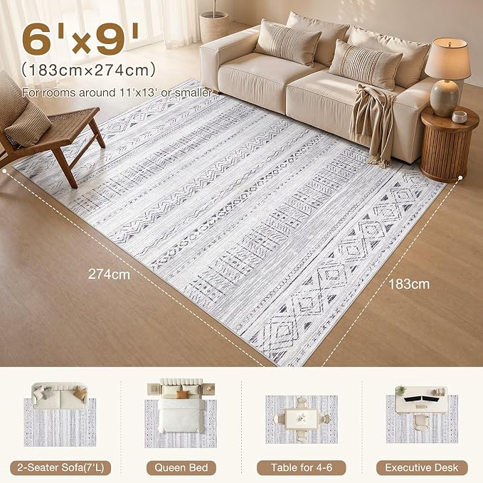 cotiled 6x9 Area Rugs for Living Room: Boho Washable Rug for Dining Room | Stain Resistan Indoor Soft Carpet for Bedroom Nursery Dark Grey