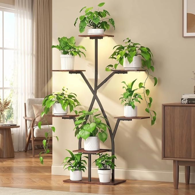 Quikraen Plant Stand Indoor with Grow Lights,50" Plant Shelf Corner Lighted Plant Stands for Indoor Growing,7 Tiered Large S-Shape Metal Display Shelves Plant Rack for Home Decor Patio Balcony