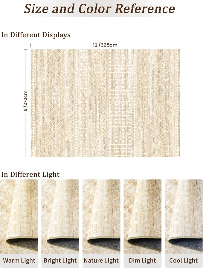 Miukiki 9x12 Area Rug for Living Room, Washable Non Slip Moroccan Rug Beige | Large Soft Rug for Kitchen Bedroom Dining Room Office, Low Pile Indoor Floor Carpet Home Decor 9'x12'