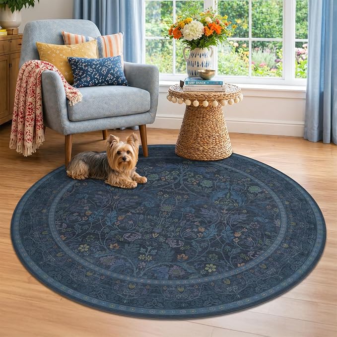 Navy Blue 5ft Round Rug for Living Room, Washable Floral Circle Rug, Vintage Cottagecore Botanical Carpet, Low Pile Non-Slip Soft Carpet for Reading Corener, Entryway, Small Space Aesthetic Decor