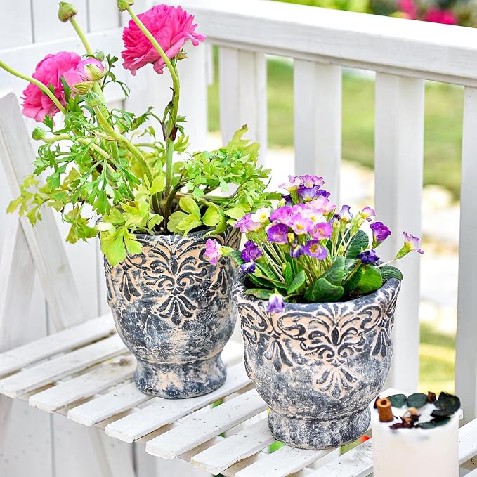 Sungmor 5.9 Inch Cement Plant Pot for Plants, Succulent Planter with Embossed Design, Vintage Concrete Flowerpots with Drainage Hole, Decorative Orchid Houseplant Pot Indoor Outdoor Plant Container