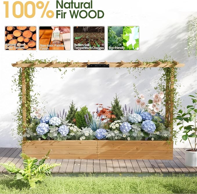 VINGLI Raised Garden Bed with Trellis & Hanging Roof, Wooden Planter Box with Drainage Holes for Outdoor Climbing Plants Vegetables Flowers, Patio Yard Balcony (Natural, Longer)
