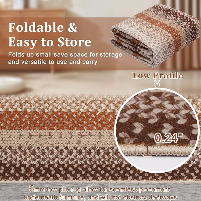 RUGSREAL Washable Runner Rug 2x8 Non Slip Braided Hallway Runner Mat | Stain Resistant Kitchen Farmhouse Printed Carpet Rustic Accent Runners for Living Room Bathroom Entryway, Brown/Rust