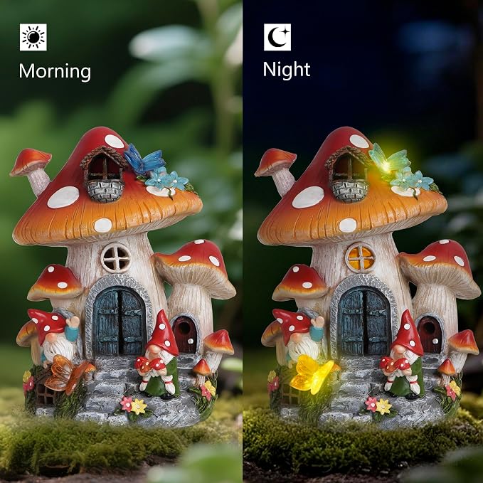 basen Solar Mushroom House Garden Statue Outdoor Decor, Resin Fairy Gnome House with LED Light, Solar Powered Whimsical Yard Art for Lawn Patio Porch Pathway, Weather Resistant