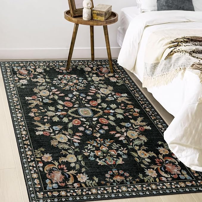 3x5 Rug Washable Floral Area Rugs Non Slip Ultra-Thin | Small Throw Carpet for Bedroom Entryway Living Room Office Kitchen Bedside Floor Indoor Low Pile Boho Vintage Black