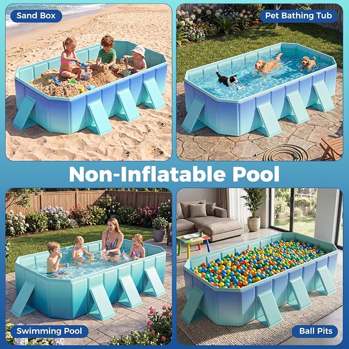 Goplus Foldable Non-Inflatable Swimming Pool, Portable Rectangle Around Ground Pool with 24 Hard Shell, Drain Hose, Outdoor Collapsible Kiddie Pool for Backyard Garden (Mint Green,99x52 in)