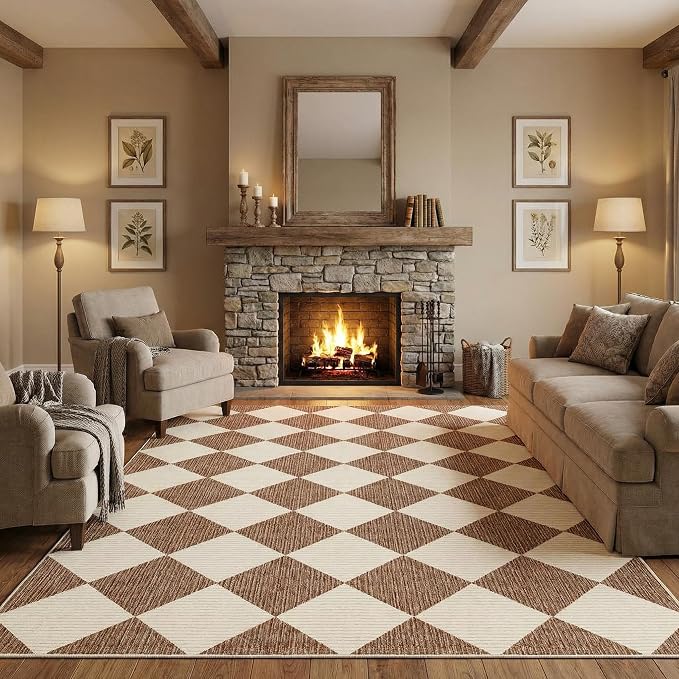 GarveeHome Brown Area Rugs 8x10 Modern Living Room Checkered Washable Rug | Large Soft Non Slip Backing Floor Mat Carpet Indoor Thin Rug for Bedroom Dining Room Playroom Nursery Home Decor