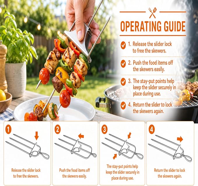 （4pcs）3 Prong Stainless Steel BBQ Skewers, Yuirote Reusable 3 Way Grilling Skewers with Push-Off Design, Heavy Duty Metal Kabob Skewer Sticks for Outdoor Barbecue Cooking Accessories