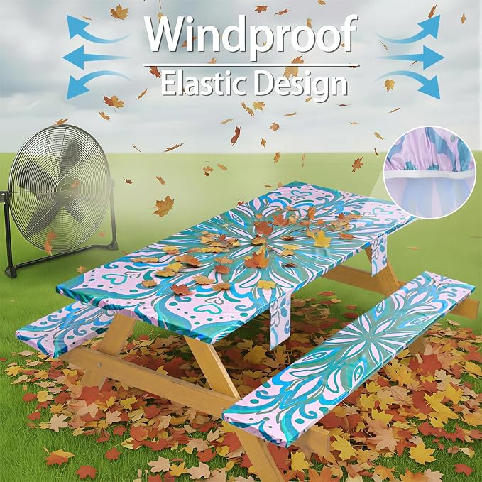 Fitted Waterproof Picnic Table Cover with Bench Covers Elastic Polyester 72in Camping Tablecloths for 6Foot Rectangle Tables Summer Fall Glamping Roadtrip Stuff Festival Vacation Items Gift