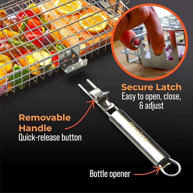 Adjustable Grill Basket with Removable Handle – 4 Height Levels for Vegetables, Meat, Fish & More – Locking Lid - Basting Brush, Scrub Sponge & Storage Bag for Outdoor Cooking