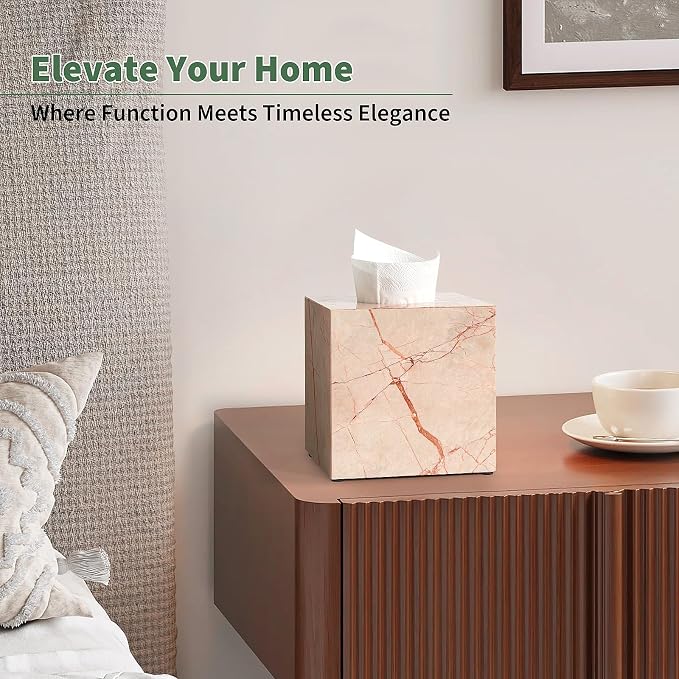 Real Natural Marble Tissue Box Cover, 5.5 Inch Square Marble Tissue Box Holder with Open Bottom, Heavy Stone Decorative Organizer for Bathroom Vanity, Kitchen Countertop, Luxury Home Décor