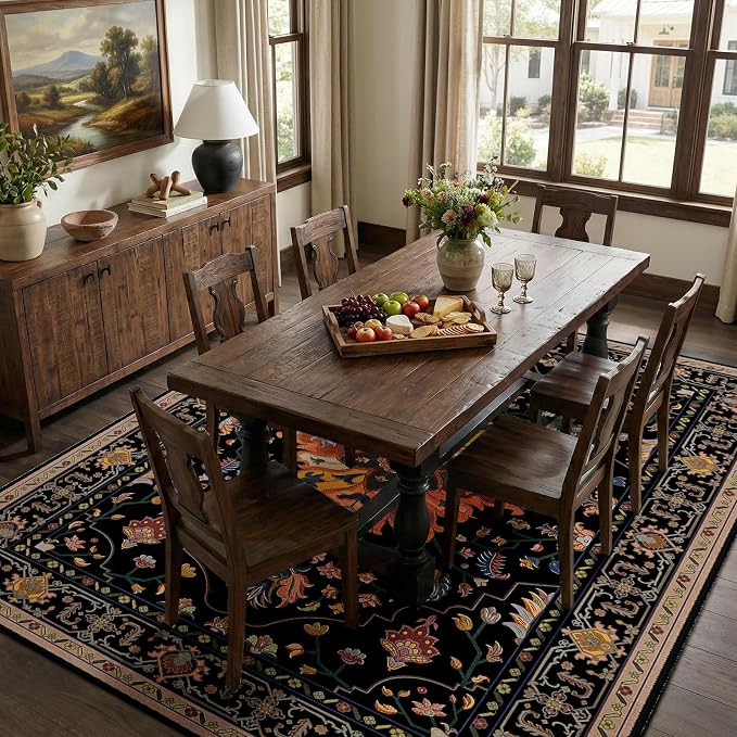 RELEANY Washable Area Rug, 7'x9', Black/Colorful | Non-Slip, Water Repellent, Pet Friendly, Easy to Clean, Vintage Floral Boho Decor for Living Room Bedroom Dining Room Office