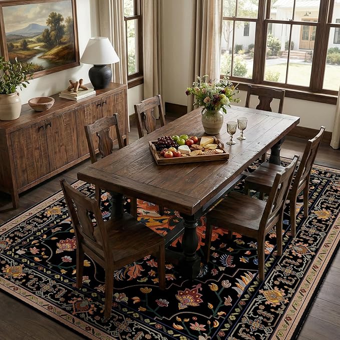 RELEANY Washable Area Rug, Large 9'x12', Black/Colorful | Non-Slip, Water Repellent, Pet Friendly, Easy to Clean, Vintage Floral Boho Decor for Living Room Bedroom Dining Room