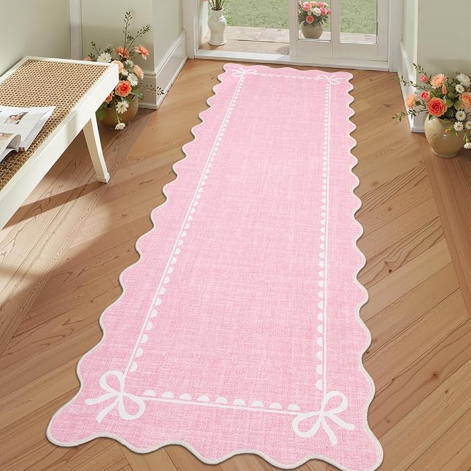 GarveeHome Scalloped Hallway Runner Rug 2x6 Non Slip Bedroom Rugs, Pink | Washable Bow Rug for Girls Dorm Nursery Living Room Entyrway Kitchen, Soft Low Pile Ultra-Thin Stain Resistant Indoor Carpet