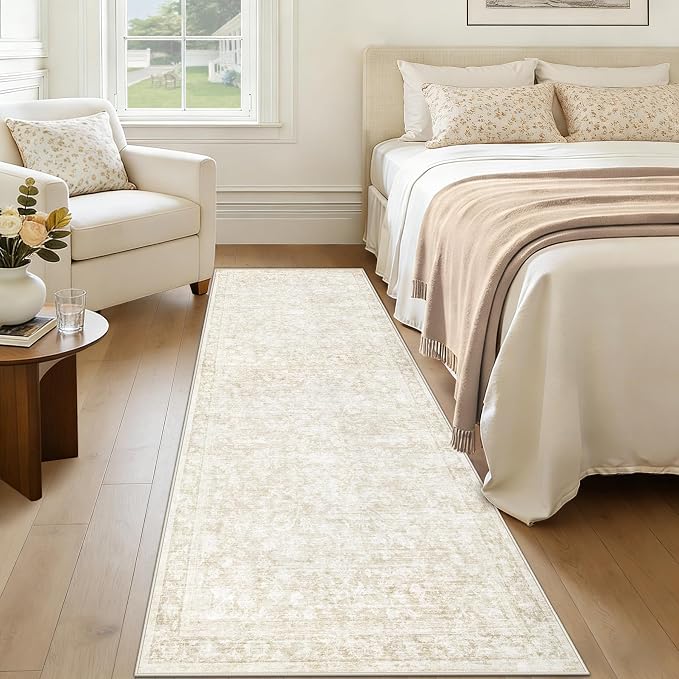 2x8 Hallway Runner Rug: Washable Vintage Floral Entryway Rugs Low Pile Non-Slip Boho Carpet for Kitchen, Bedroom, Bathroom, Dining Room (Beige, 2'x8')