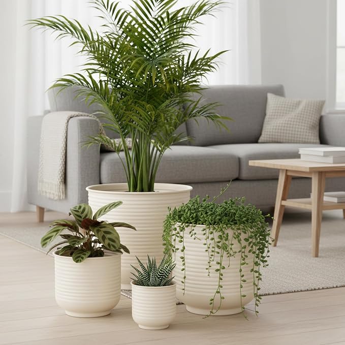 Bloem Grove Indoor Metal Cachepot Set - Includes 6", 8", 10" and 12" Decorative Planters with Powder-Coated Finish, Removable Drain Plugs, Cream
