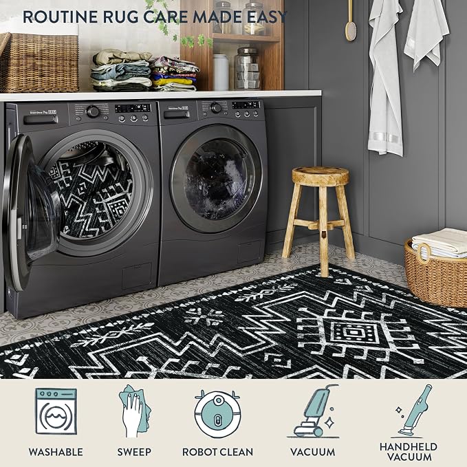 Lahome Black Runner Rug for Hallway Non Slip, 2.5x8 Western Entryway Rug | Boho Washable Stain Resistant Runner Rug for Bathroom Kitchen, Moroccan Low Pile Long Carpet for Entrance