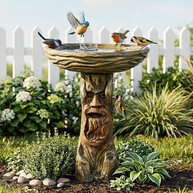 SKYFIRE 24” Tall Outdoor Tree Face Bird Bath -Whimsical Tree Man Pedestal Birdbath Bowl with Bird Figurines for Patio, Lawn, Backyard, Outdoor Decor -19”Dia. Garden Decor Statue Birdbaths for Birds