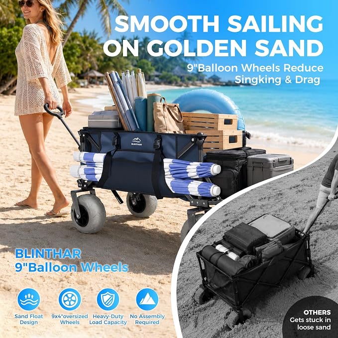 Heavy Duty Beach Wagon with 9" Big Sand-Proof Balloon Wheels, 200L Oversized Foldable Beach Cart, 440LBS Utility Wagon with Side Pocket for Sand,Camping,Vacation