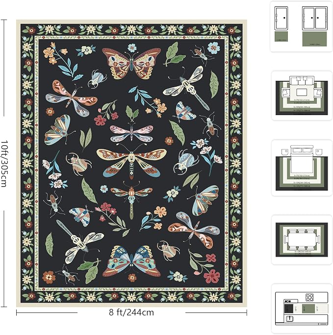 8x10 Area Rugs, Insect Ultra Soft Washable Rug Non Slip with Rubber Back, Stain Resistant Rugs for Living Room, Bedroom, Dining Room(Dark Black Butterfly)