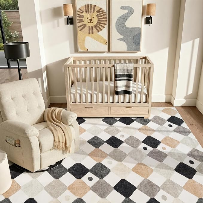 jinchan 6x9 Washable Kids Rug Classroom Rug Playroom Mat Marble | Soft, Non-Slip, Cute, Kid-Friendly, Checkered Diamond, Black White on Cream, Nursery, Living Room, Bedroom, Dorm, Daycare