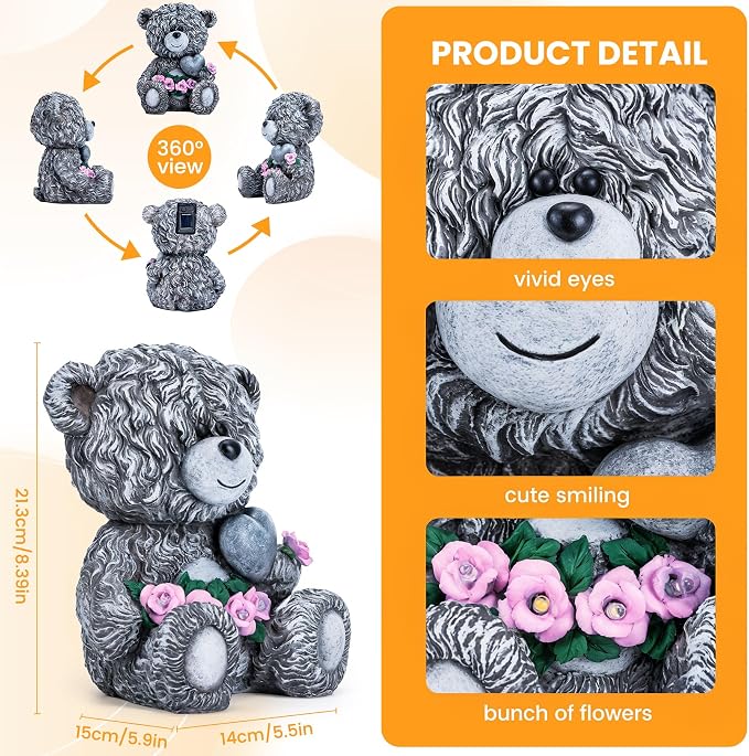 YDKOJGW Solar Garden Outdoor Statues Bear with Heart and Pink Flower and 5 LED Lights-Lawn Decor Bear Statue for Patio, Balcony, Yard Ornament-Unique Housewarming Gifts for Mom, Women