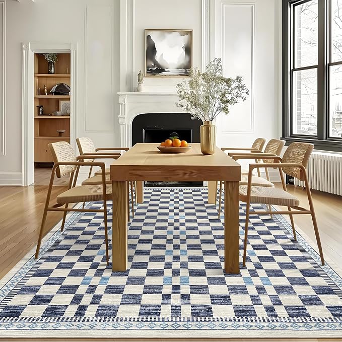 GarveeHome Washable 4x6 Area Rug for Baby Room Modern Abstract Checkered | Non-Slip Low Pile Kitchen Carpet Stain-Resistant No-Shedding High Traffic Area Rug for Dorm Home Dining Office Decor Blue