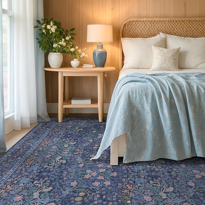 Dark Blue Living Room Rug 8x10, Vintage Floral Washable Area Rugs for Bedroom, Dining Room Under Kitchen Table, Oriental Low Pile Stain Resistant Non-Slip Large Navy Indoor Decor