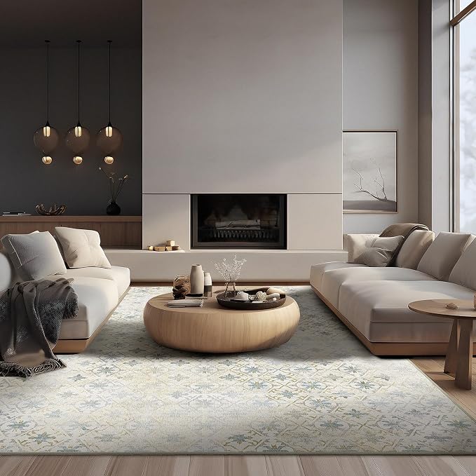 Phantoscope Geometry Collection Area Rug 5'x7' for Living Room - Washable Rug Large Boho Carpet Non-Slip for Bedroom Dining Room, Indoor Low-Pile Neutral Distressed Accent Rug, Teal Floral/Beige