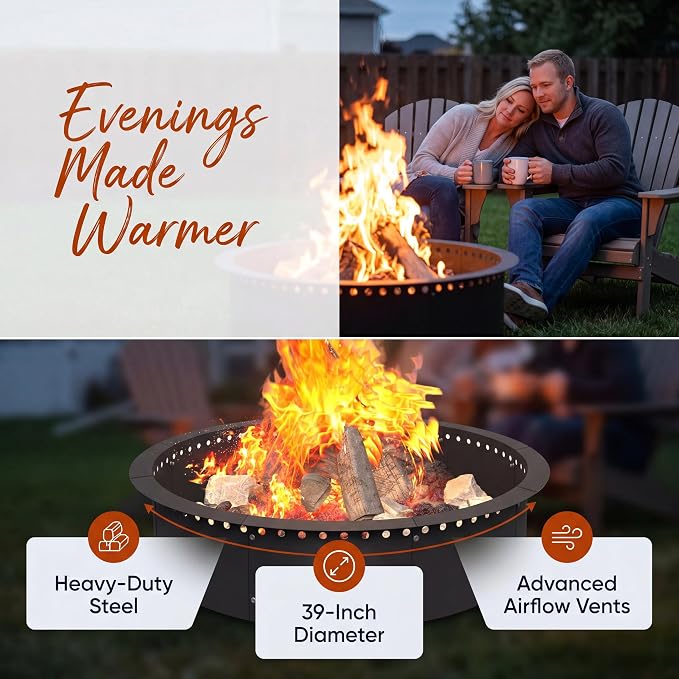 39 Inch Fire Pit for Outside Wood Burning, Heavy Duty Steel Outdoor Firepit with Air Vent Design, Large Rust Resistant Backyard Bonfire Pit for Patio Camping Garden Gatherings