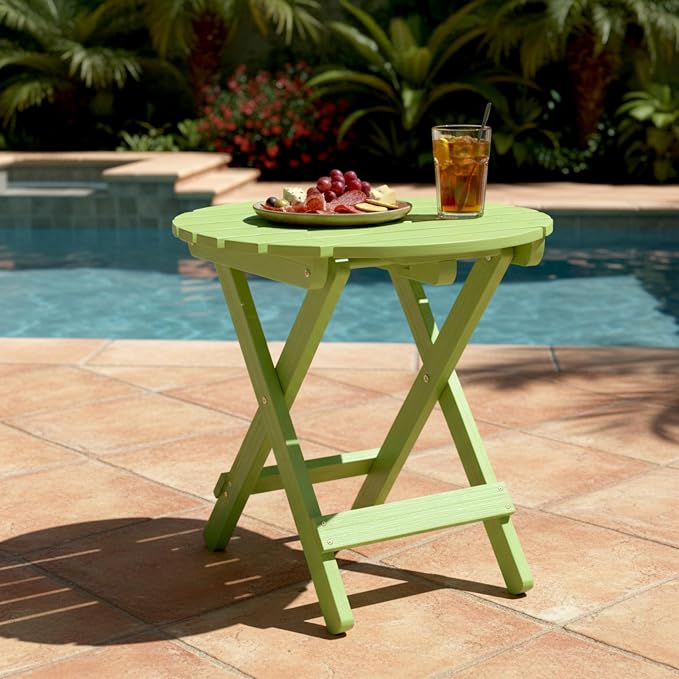 Shine Company Round Wooden Folding Solid Wood Side Table, Outdoor Adirondack Small Patio Table, Lime Green