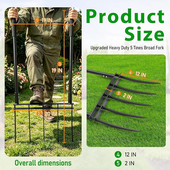 Broadfork, 12" Long 5-Tine Broadfork Gardening Tool for Gardening Cultivation Composting Transplanting Digging Farm Crushing Soil Aeration Garden Fork for Loosening Soil