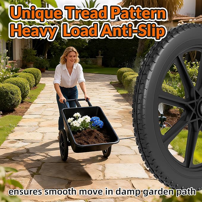 RONPOW 20 Inch Flat Free Wheelbarrow Wheels Compatible with rubbermaid Wheelbarrows Cart Tires, 5/8" Bearings and 3/4" Bearings, Replacement Wheelbarrow Wheels Garden Yard Carts, 400Lbs, 2Pack Black