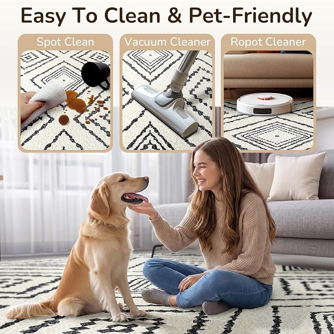 6'x9' Washable Area Rug for Living Room Bedroom White Black | Soft Western No Slip Low Pile Print Foldable Indoor for Kitchen Dining Room