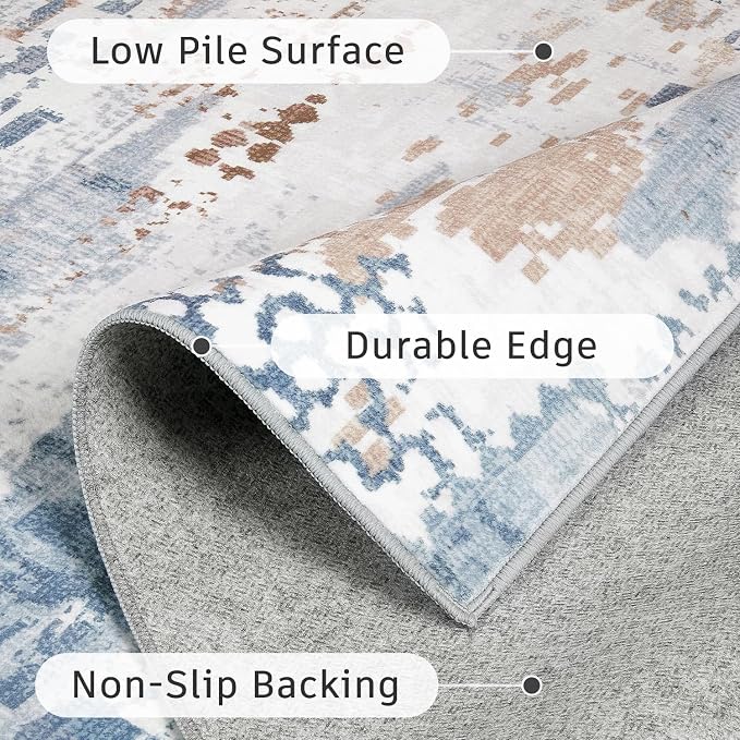 DCX Washable Abstract Area Rug 6x9, Non Slip Low Pile Rug, Blue | Easy to clean, non-shedding, soft, kid & pet friendly, with a non-slip rubber backing for living rooms, bedrooms, and offices