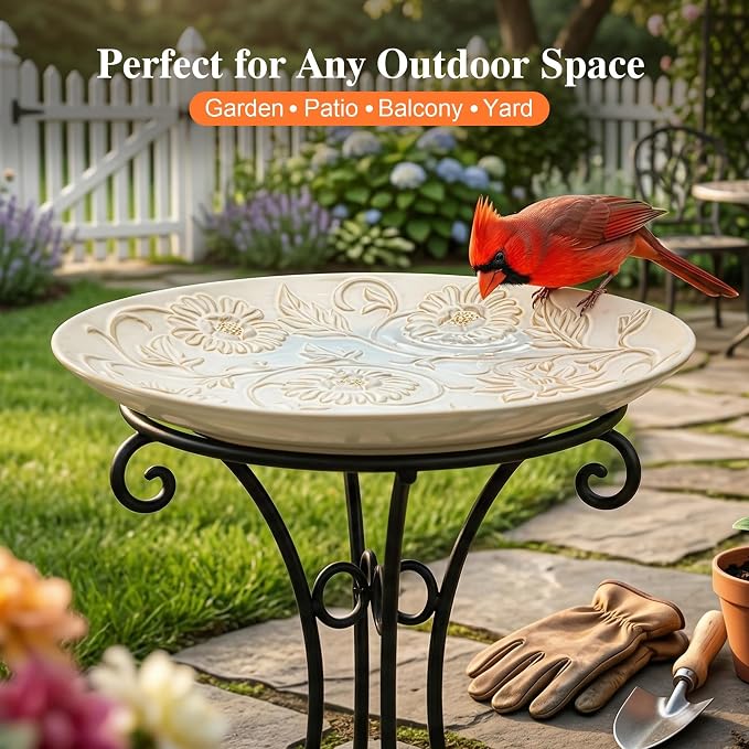 Topadorn Ceramic Bird Bath Bowl for Outdoors, 14.17" Decorative Bird Bath with Embossed Floral Design, Tabletop Birdbath for Garden, Patio, Deck & Balcony