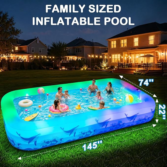 Large Inflatable Pool with Light, 12TF x 6.5TF Inflatable Swimming Pool for Kids Adults, Solar Powered Blow Up Pool Oversized Thickened Family Kiddie Pool for Backyard Outdoor