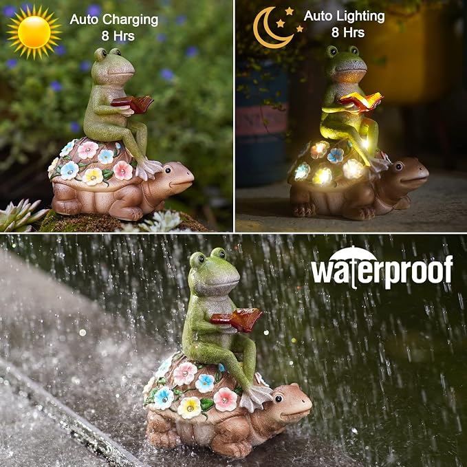 Nacome Solar Frog Riding Turtle Statue for Garden Decor | Outdoor Statues for Patio, Yard, Balcony Ornament, Turtle Gifts for Women/Mom/Grandma, Mom's Best Gift