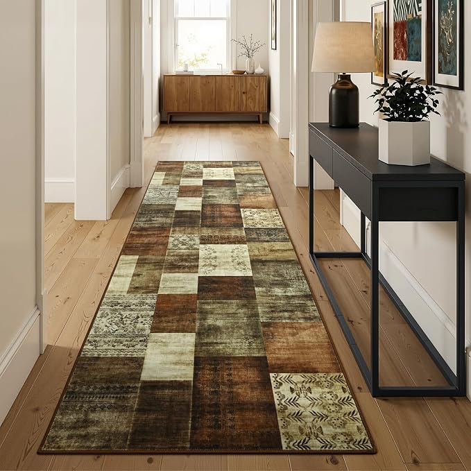 Runner Rug for for Hallways, 2'x6' Washable Kitchen Rugs with Non Slip Rubber Backing, Soft Low Pile Non-Shedding Geometric Carpet for Laundry Bedroom Bathroom, Brown