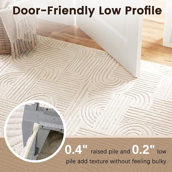 Etwel 5.2 ft Beige Geometric Textured High-Low Pile Washable Round Rug | Modern Soft Carpet, Non-Slip PVC Backing, Low Profile, Kid and Pet Friendly, for Living Room, Bedroom, Dining Room, Nursery
